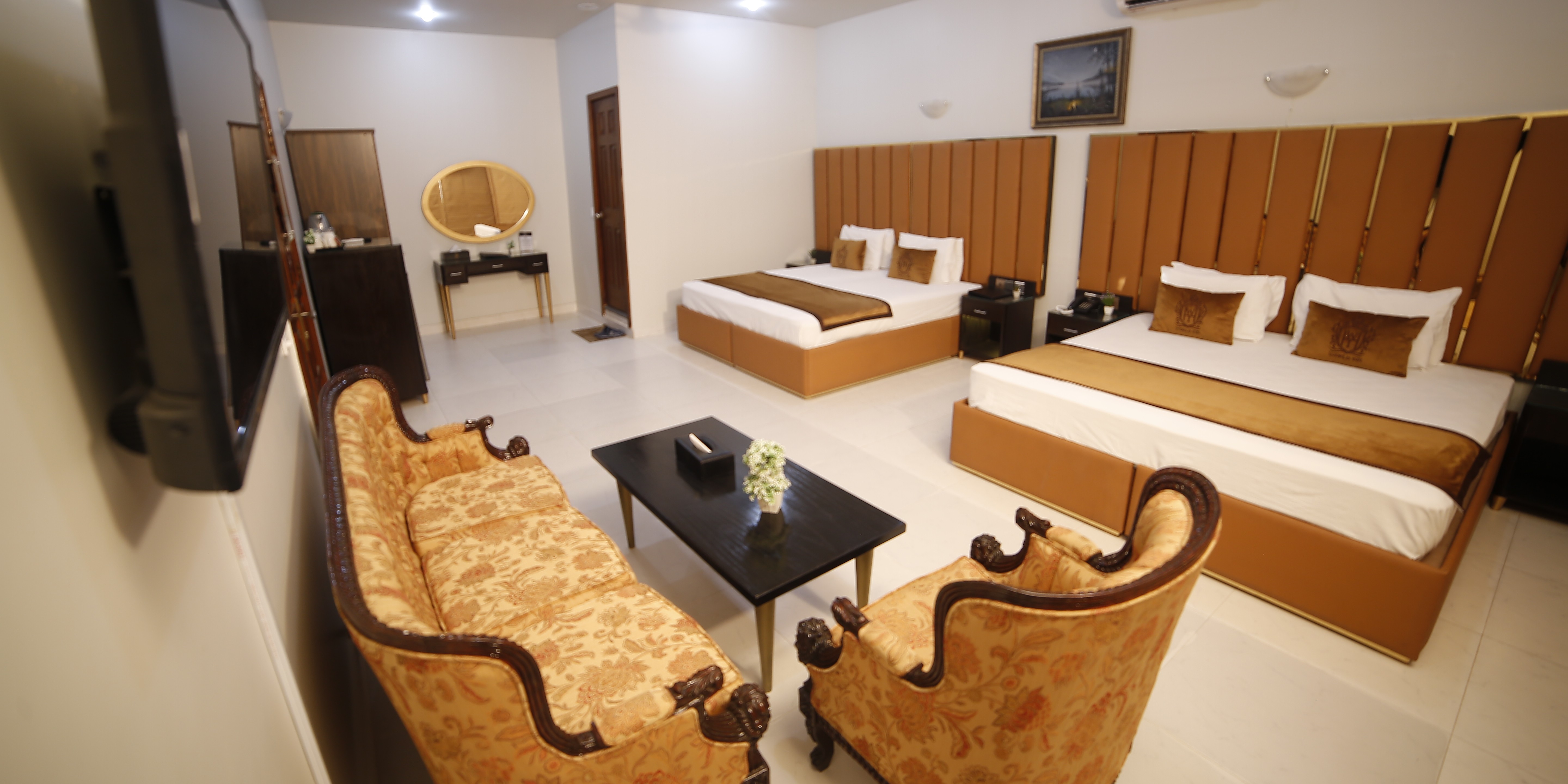 Spacious hotel lobby with comfortable seating